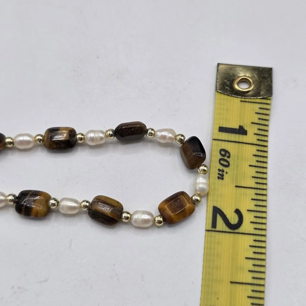 Tigers Eye Freshwater Pearl Beaded Necklace Brown Gold White 18.5 Inch Boho